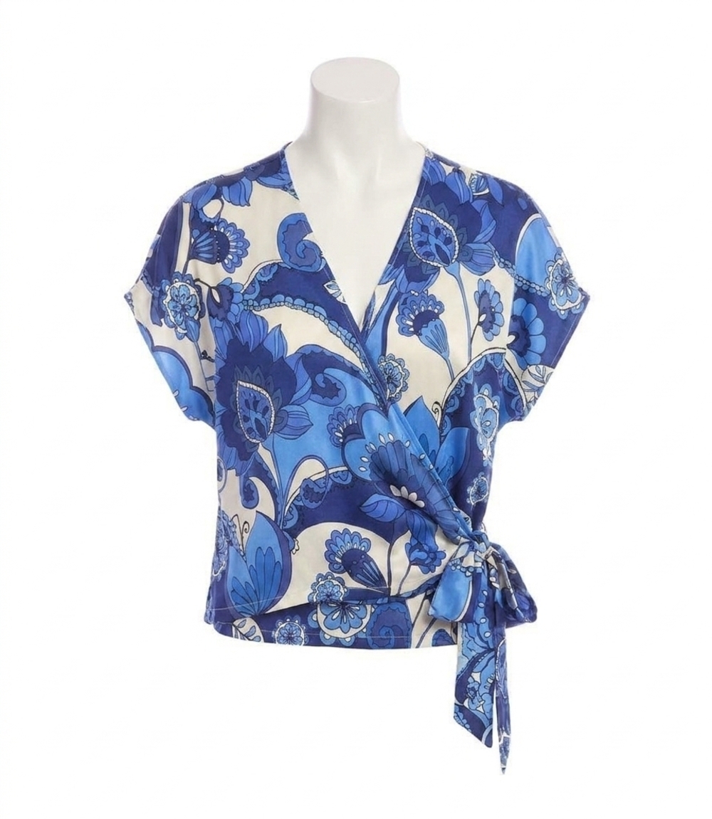 NEW KAREN KANE blouson wrap tie top in print blue